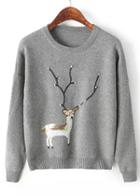Romwe Bead Deer Print Knit Grey Sweater