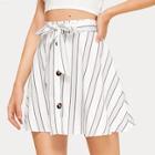 Romwe Vertical-striped Belted Button Front Skirt