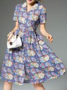 Romwe Blue Lapel Floral A-line Dress