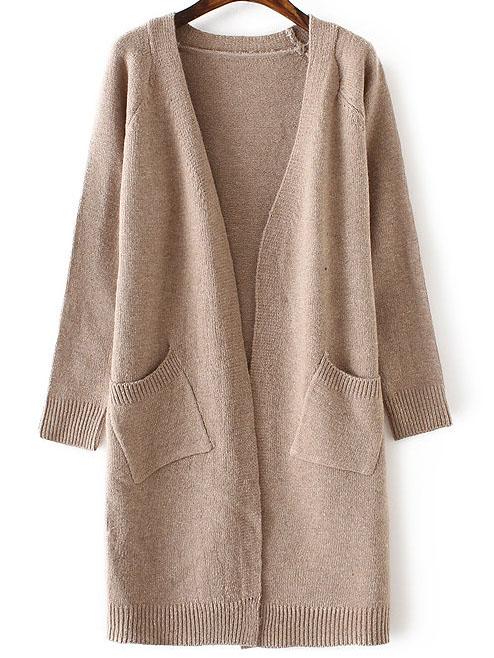 Romwe Khaki Collarless Ribbed Trim Long Cardigan With Pockets