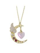 Romwe Pink Long Chain Moon Heart Wings Rhinestone Pendants Necklace