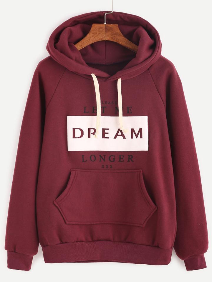 Romwe Burgundy Letter Print Raglan Sleeve Hooded Sweatshirt