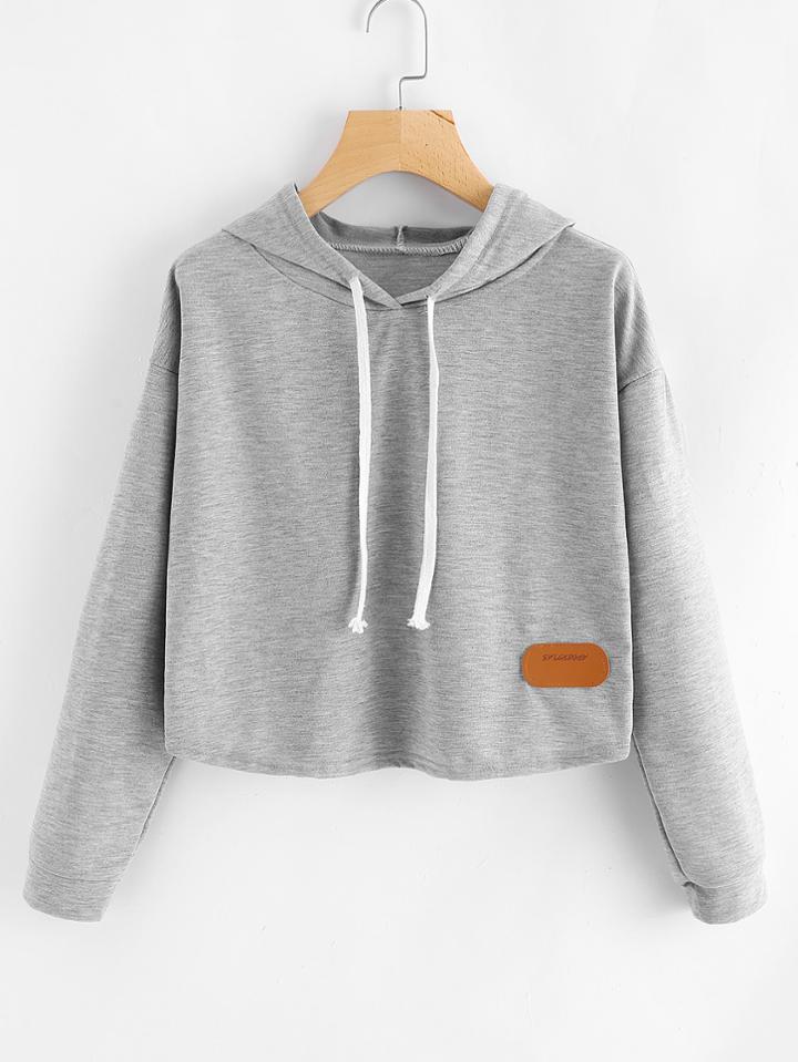 Romwe Hooded Dropped Shoulders Patch Crop Sweatshirt