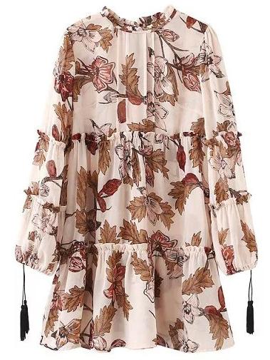 Romwe Pink Ruffle Neck Tassel Lantern Sleeve Print Dress