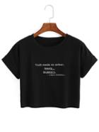 Romwe Letter Print Crop Black T-shirt
