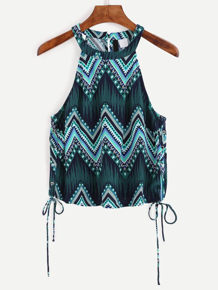 Romwe Green Tribal Print Lace Up Side Halter Neck Top