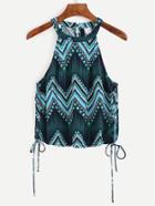 Romwe Green Tribal Print Lace Up Side Halter Neck Top