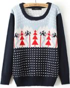 Romwe Christmas Tree Navy Knit Sweater