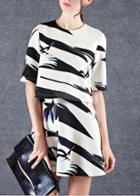 Romwe Short Sleeve Red-crowned Crane Print A-line Dress