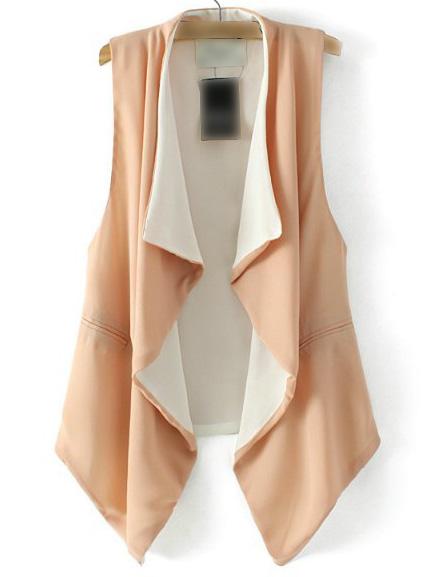 Romwe Apricot Asymmetric Hem Collarless Pockets Vest