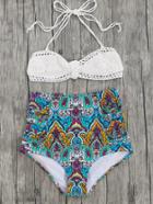 Romwe Tribal Print High Waist Crochet Bikini Set