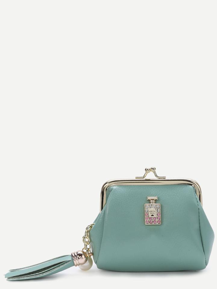 Romwe Blue Rhinestone Detail Kiss Lock Purse With Tassel