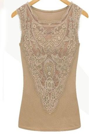 Romwe Khaki Lace Insert Sleeveless Top
