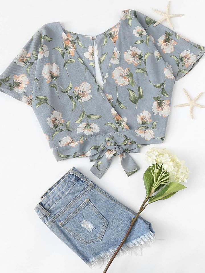 Romwe Floral Print Split Back Crop Top