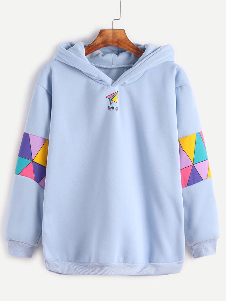 Romwe Blue Paper Airplane Print Sleeve Patchwork Trim Hooded Sweatshirt