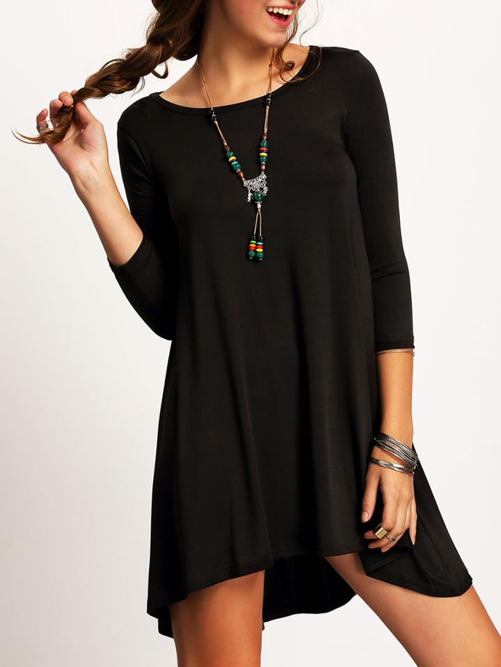 Romwe Black Crew Neck High Low Shift Dress