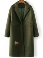 Romwe Army Green Bee Embroidery Single Button Coat With Pocket