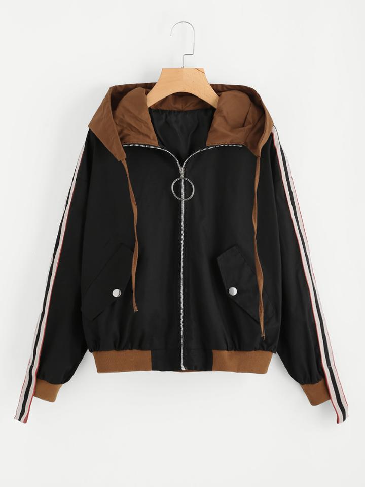 Romwe Graphic Print Back Strap Sleeve Zip Up Hooded Jacket