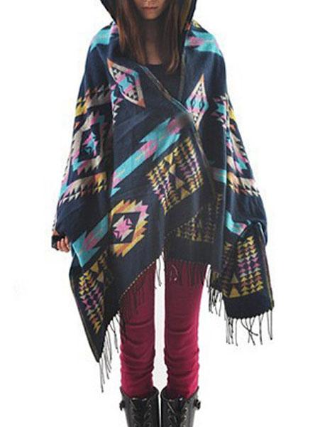 Romwe Hooded Geometric Print Tassel Blue Poncho