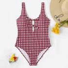 Romwe Plus Gingham Low Back One Piece Swimsuit