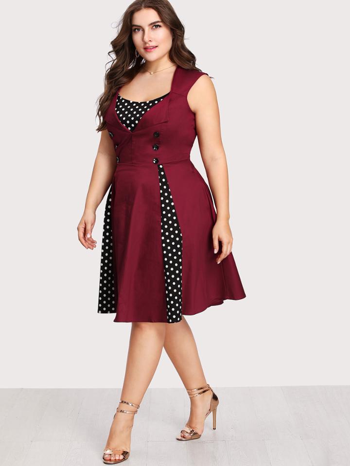 Romwe Polka Dot Panel Double Breasted Dress