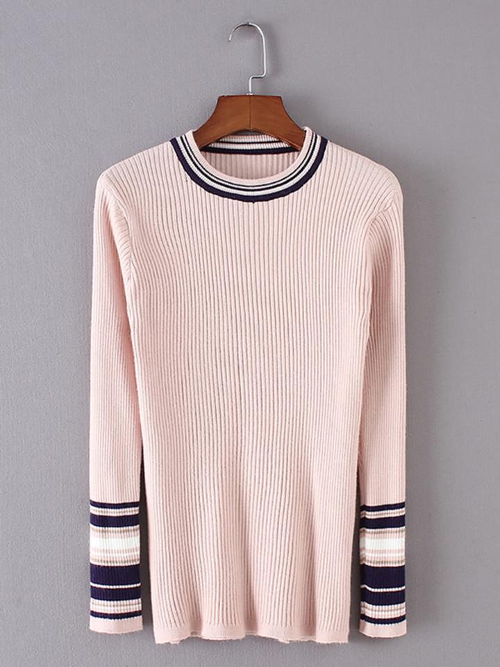 Romwe Striped Trim Slim Fit Rib Knit Sweater