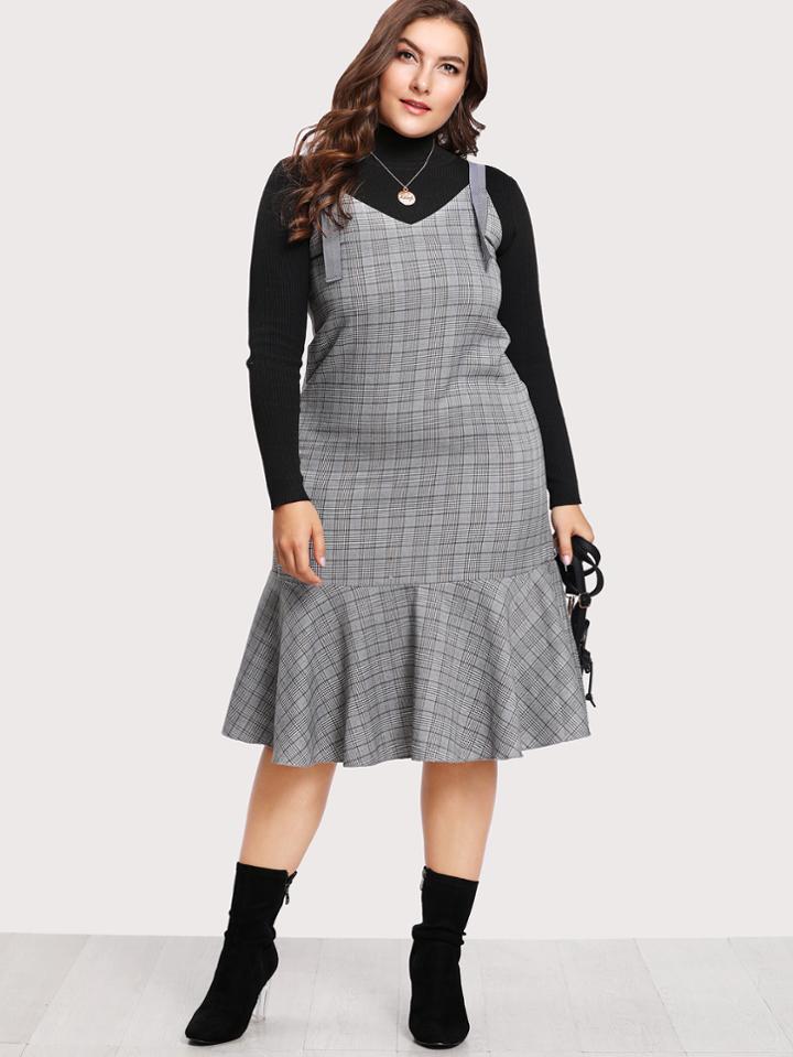 Romwe Dual V Neck Ruffle Hem Plaid Dress