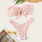 Romwe Daisy Print Bandeau Top With High Cut Bikini Set