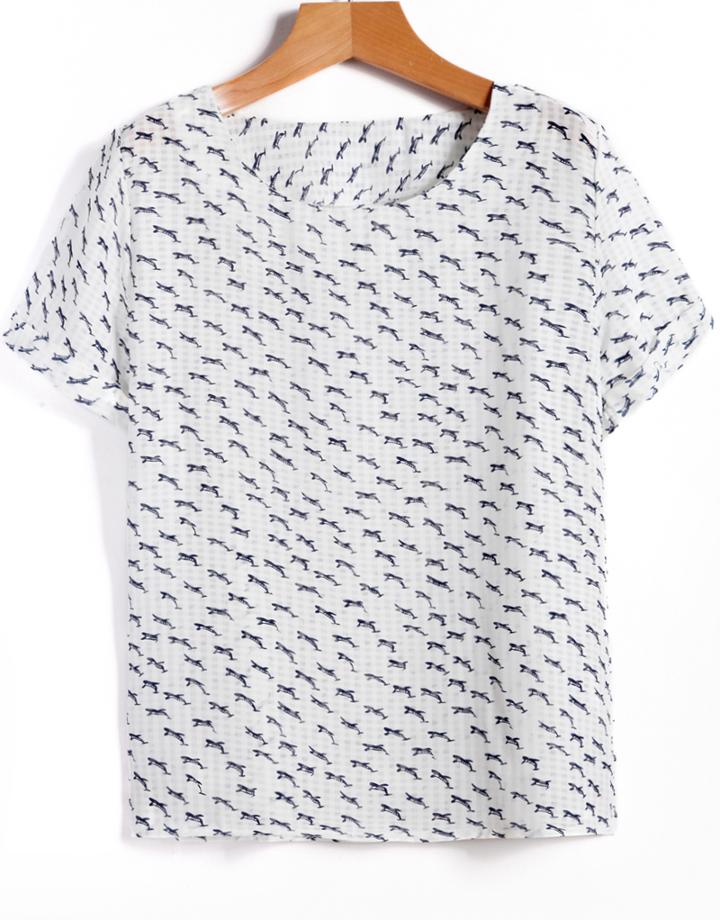 Romwe Round Neck Shark Print T-shirt