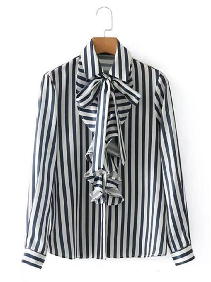 Romwe Tie Neck Striped Jabot Blouse