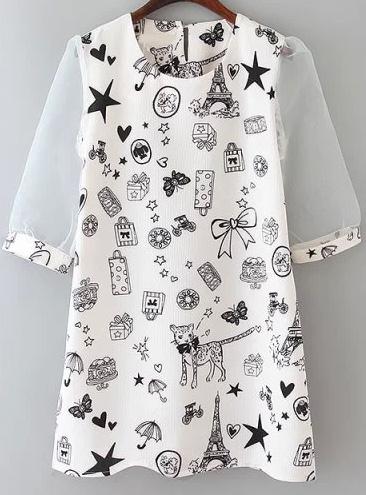 Romwe White Contrast Sheer Sleeve Gift Print Dress