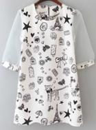 Romwe White Contrast Sheer Sleeve Gift Print Dress