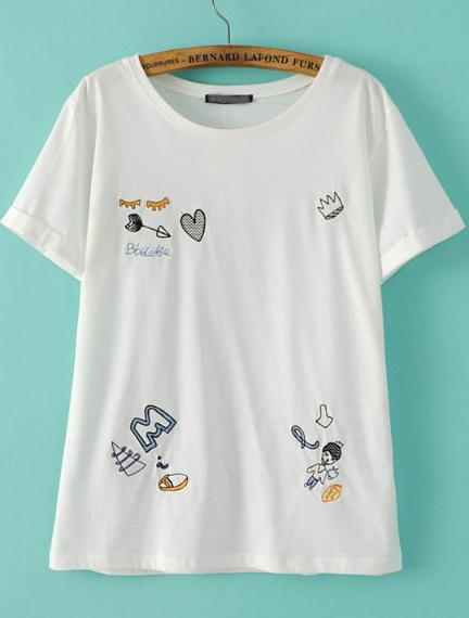 Romwe White Short Sleeve Cartoon Embroidered T-shirt