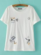 Romwe White Short Sleeve Cartoon Embroidered T-shirt