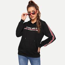 Romwe Contrast Taped Side Letter Print Hoodie