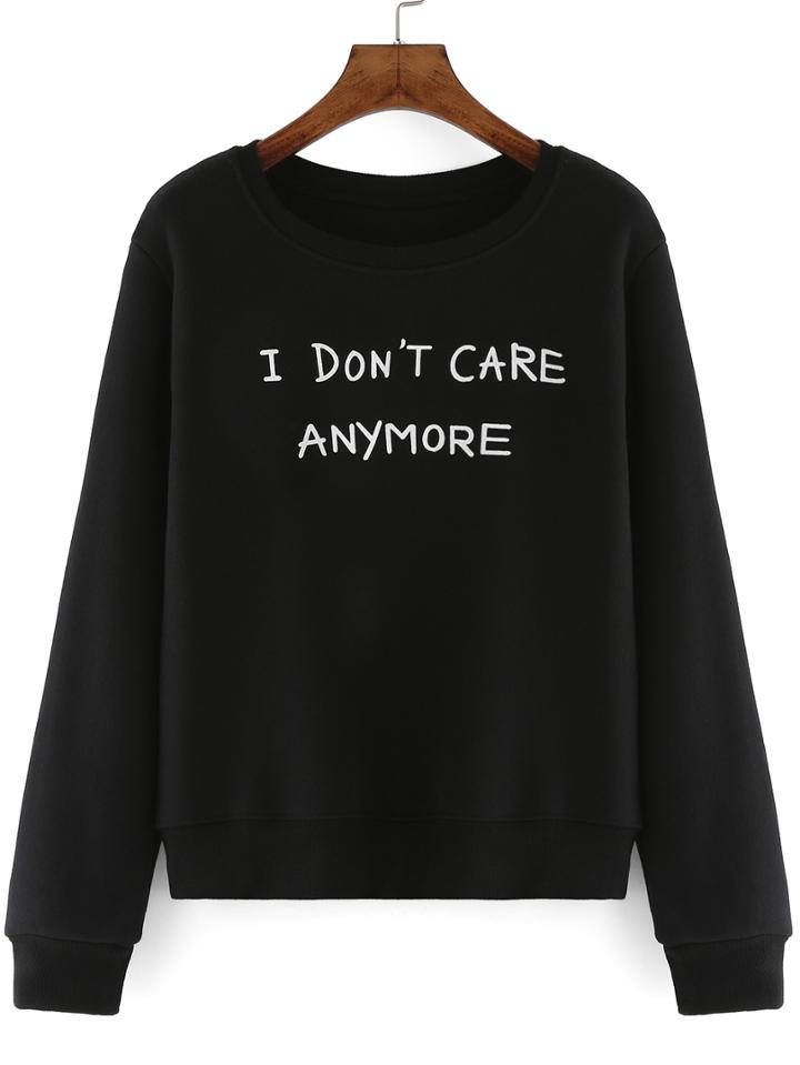 Romwe Round Neck Letter Print Black Sweatshirt