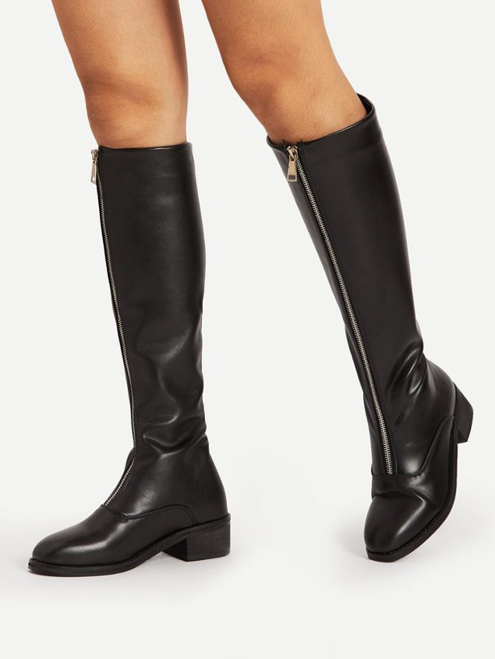 Romwe Zipper Front Knee High Pu Boots