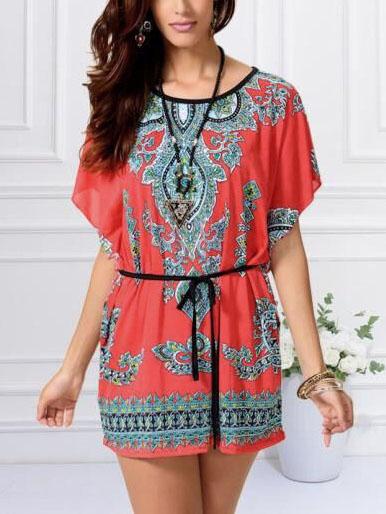 Romwe Red Belted Retro Print Dolman Sleeve Dress