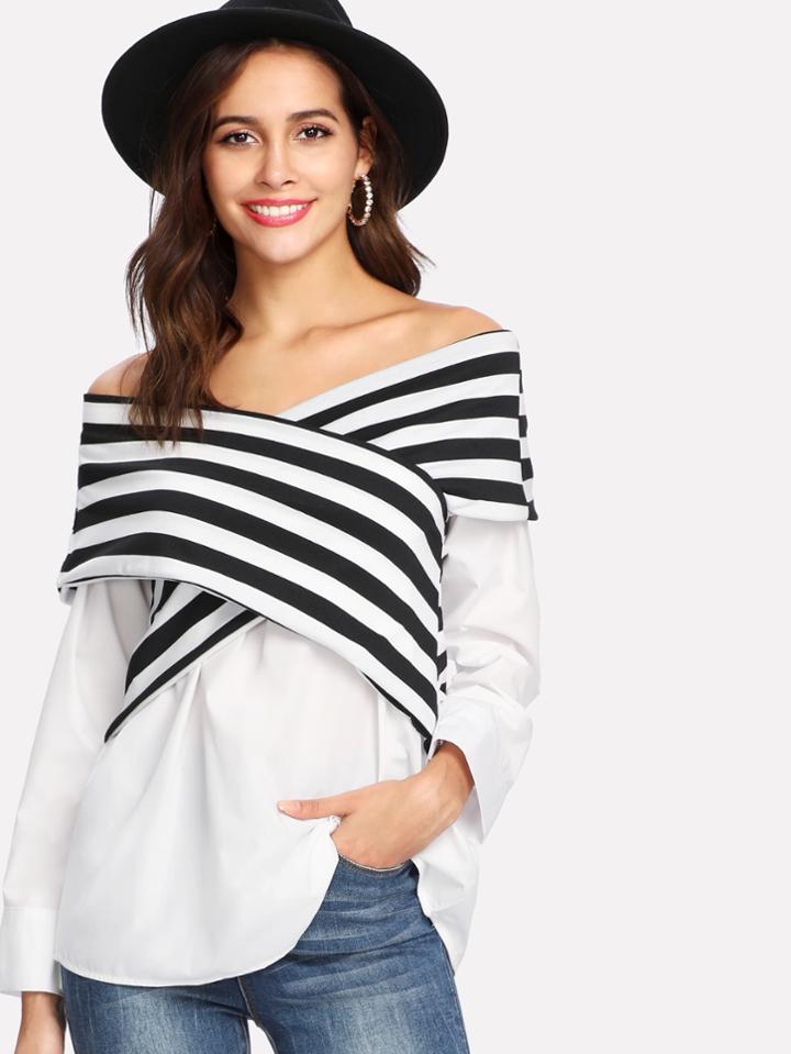Romwe Two Tone Cross Wrap Bardot Top