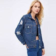 Romwe Stitch Detail Ripped Sleeve Denim Jacket