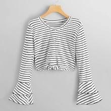 Romwe Striped Flounce Sleeve Crop Tee