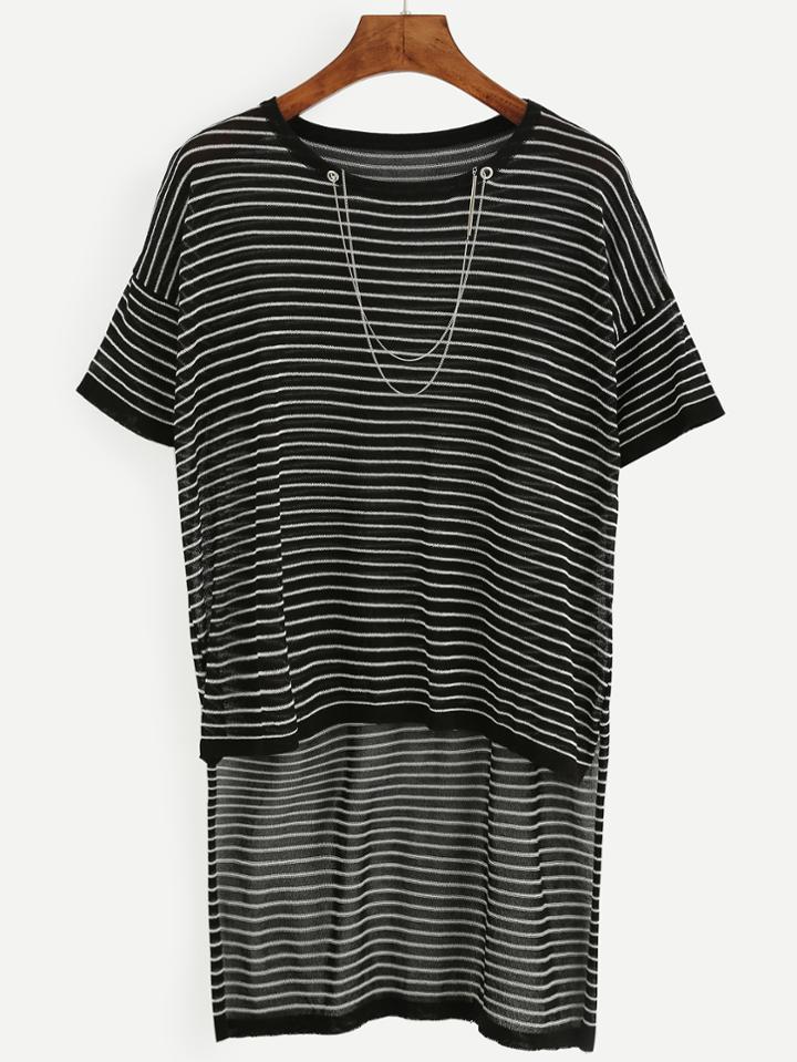 Romwe Black Striped Dropped Shoulder High Low T-shirt