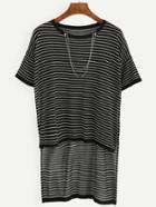 Romwe Black Striped Dropped Shoulder High Low T-shirt