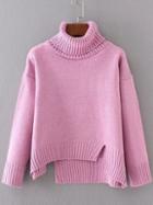 Romwe Pink Ribbed Trim Turtleneck Asymmetrical Sweater