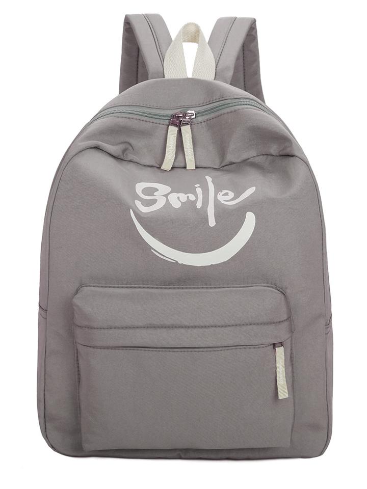 Romwe Smile Print Pocket Front Nylon Backpack