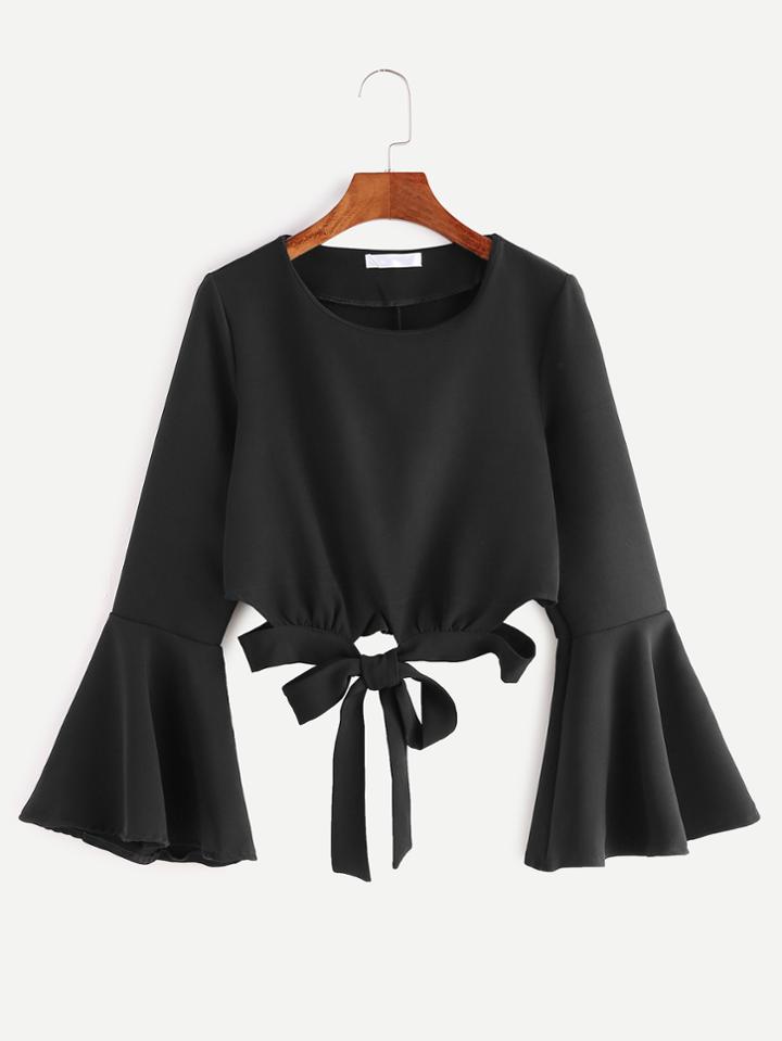 Romwe Black Bell Sleeve Tie Hem Top