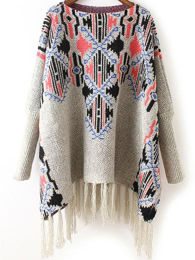 Romwe Bat Sleeve Tassel Jacquard Pale Grey Poncho