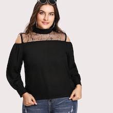 Romwe Plus Mesh Insert Open Shoulder Blouse