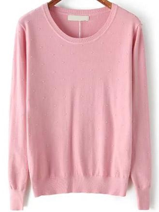 Romwe Round Neck Embellished Pink Sweater