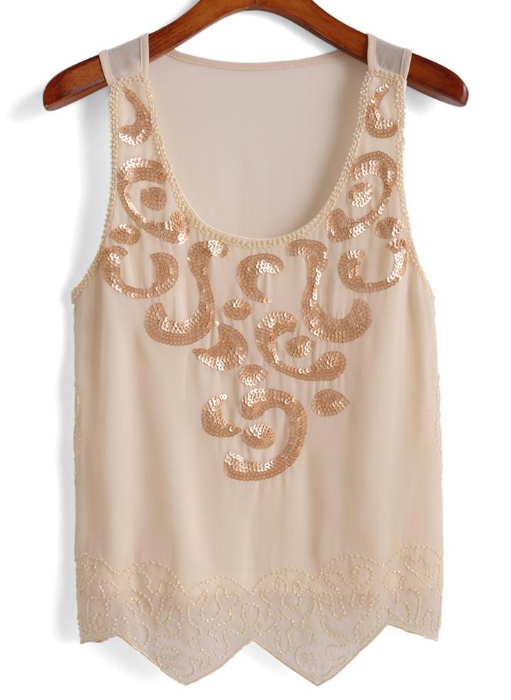 Romwe With Sequined Asymmetrical Chiffon Apricot Tank Top